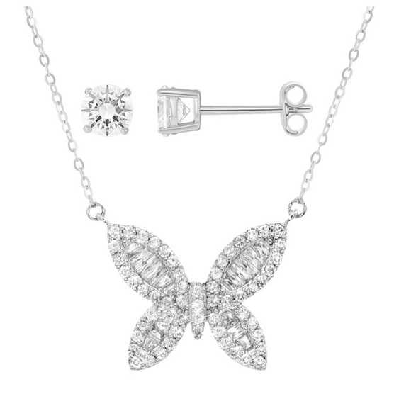 Brilliance Fine Jewelry Jewelry - Elegant Silver Butterfly Necklace and Earring Set. Cubic Zirconia. Brilliance!
